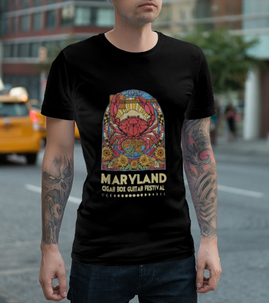 Maryland Cigar Box Guitar Festival 2026 Crab Stained Glass Sunflowers T-Shirt
