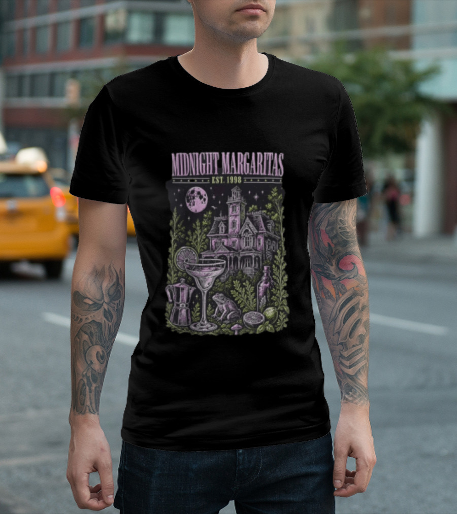Midnight Margaritas Est 1998 Haunted Mansion Full Moon Frog Margarita Glass Lime Pestle Botanical T-Shirt