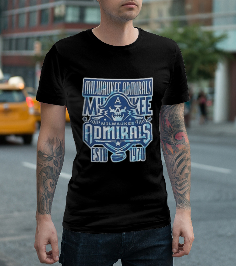 Milwaukee Admirals Estd 1970 Skull Hockey Puck Distressed Navy Blue T-Shirt