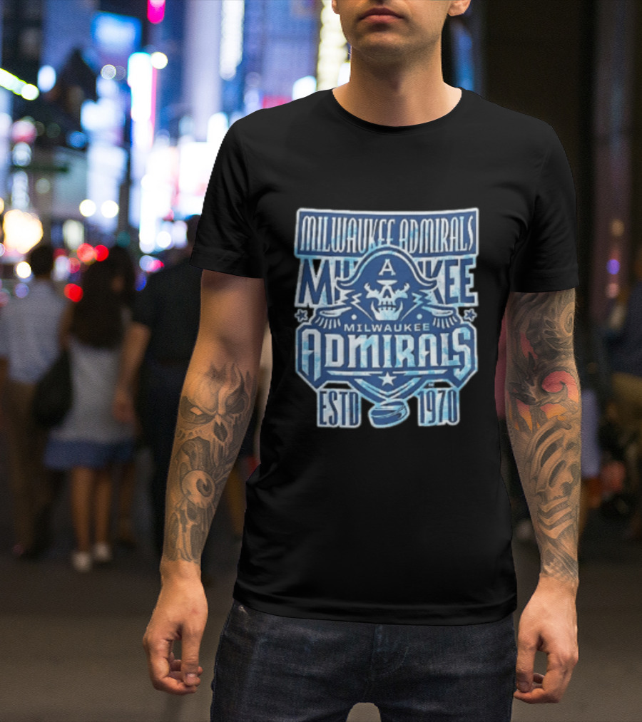 Milwaukee Admirals Estd 1970 Skull Hockey Puck Distressed Navy Blue T-Shirt