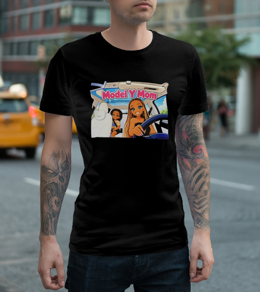 Model Y Mom Cartoon Driving Scene In Tesla T-Shirt