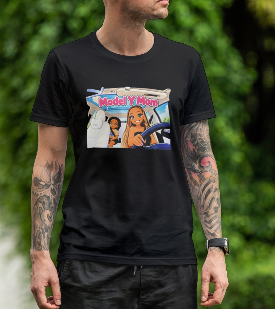 Model Y Mom Cartoon Driving Scene In Tesla T-Shirt