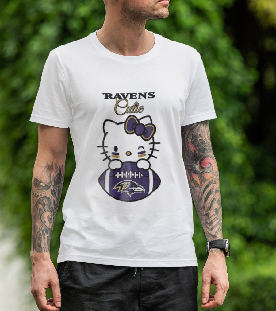 Ravens Cutie Hello Kitty Winking Holding Football T-Shirt