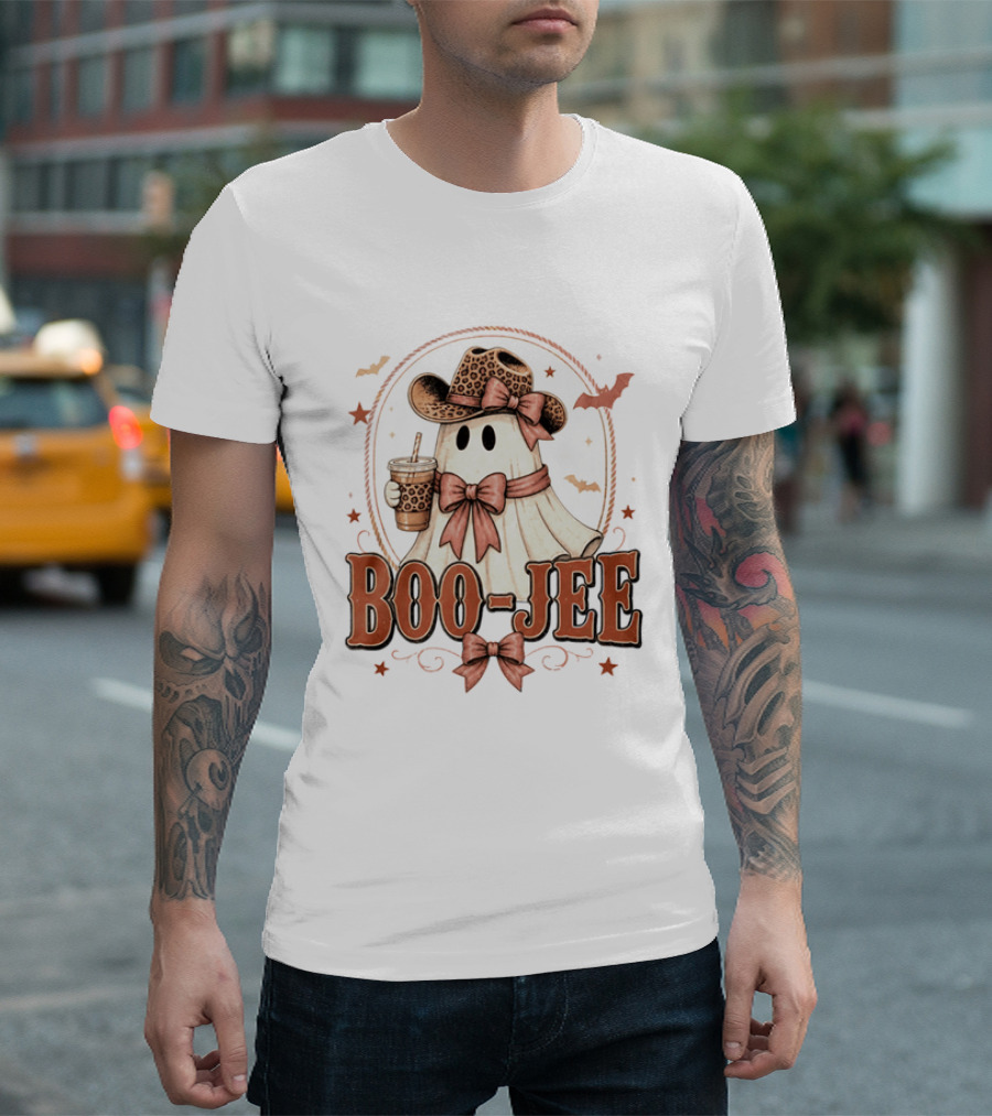 Boo Jee Leopard Cowboy Ghost Iced Coffee Halloween T-Shirt