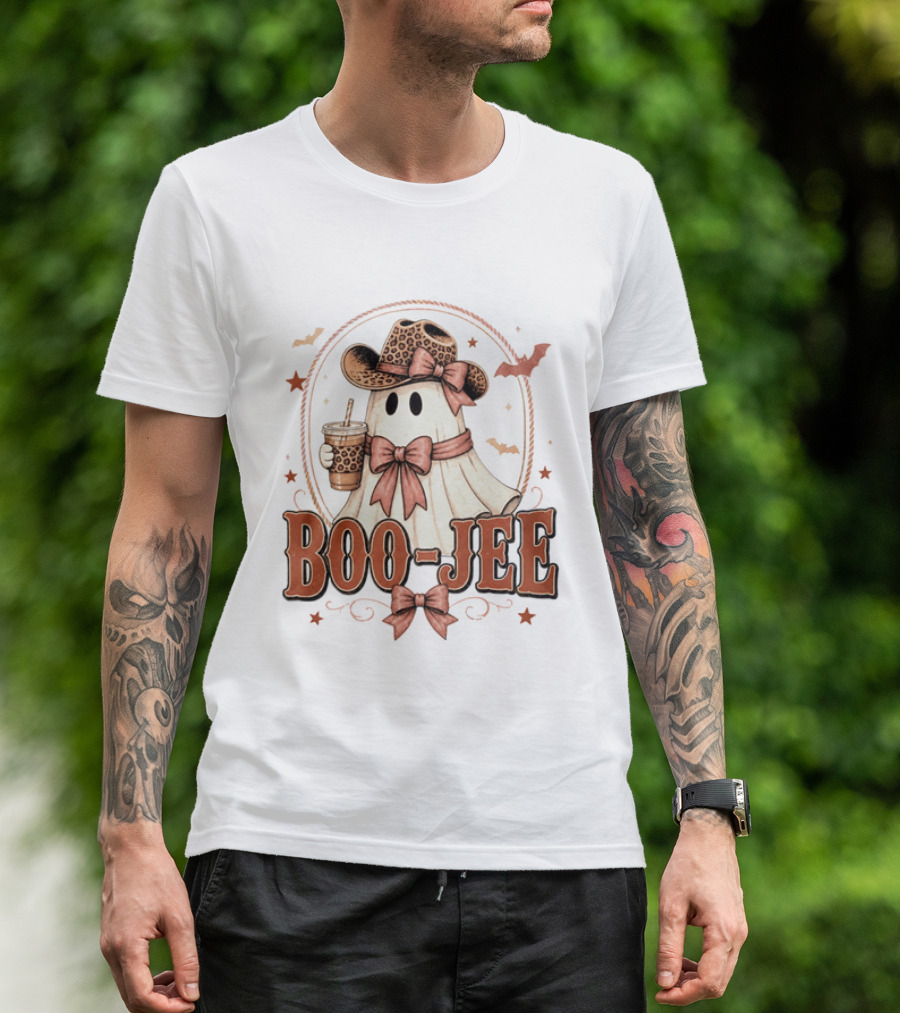 Boo Jee Leopard Cowboy Ghost Iced Coffee Halloween T-Shirt