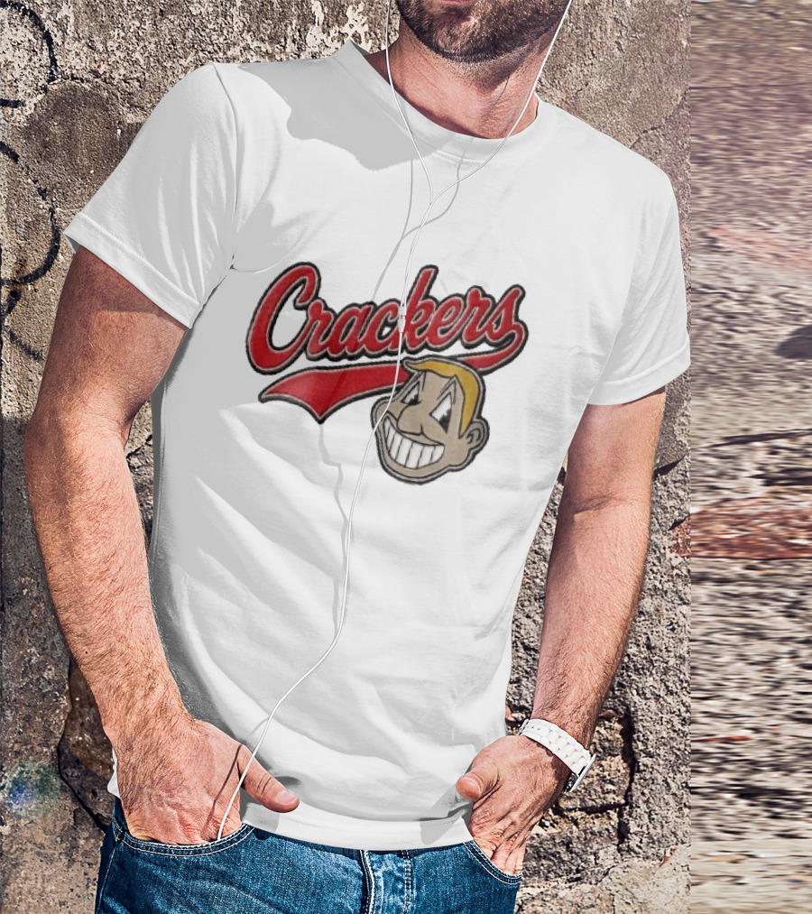 Crackers Cartoon Caricature Blonde Man Big Teeth Smile Red Script T-Shirt