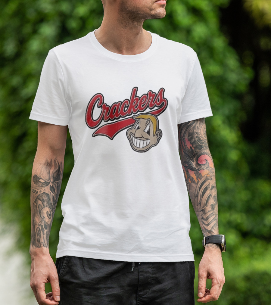 Crackers Cartoon Caricature Blonde Man Big Teeth Smile Red Script T-Shirt