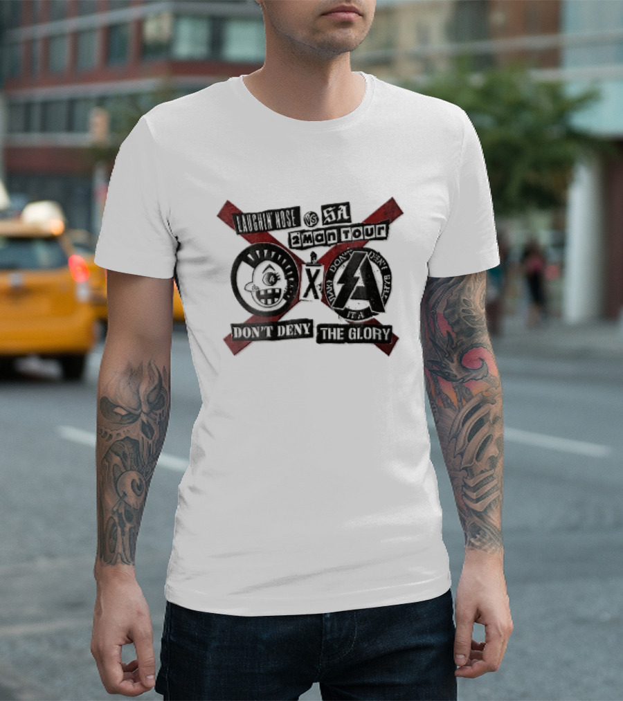 Laughin Nose SA Vs 2 Man Tour Don't Deny The Glory Punk Cartoon Face Red X Distressed Collage T-Shirt