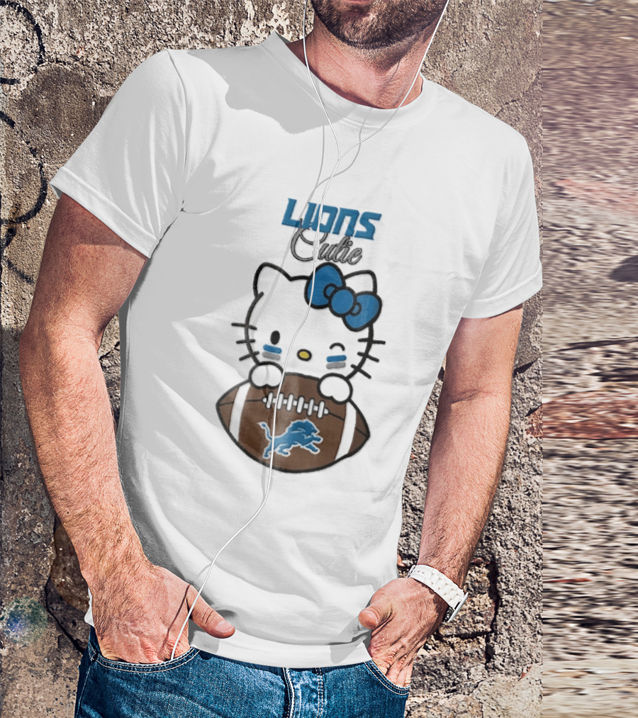 Detroit Lions Cute Cartoon Cat With Blue Bow Face Paint Football T-Shirt