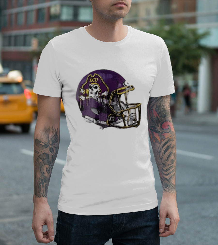 ECU Pirates Purple Helmet Dripping Paint Football NCAA Pd Moreno T-Shirt