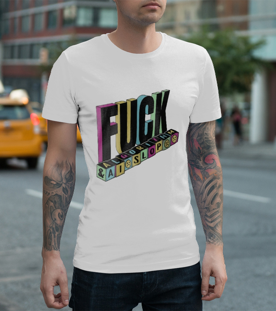 Fuck Algorithm And AI Slop 3D Toy Blocks Sad Faces T-Shirt