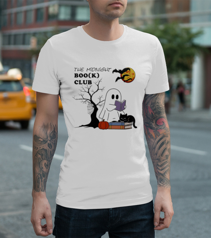 The Midnight Boo(k) Club Halloween Ghost Cat Pumpkin Moon T-Shirt