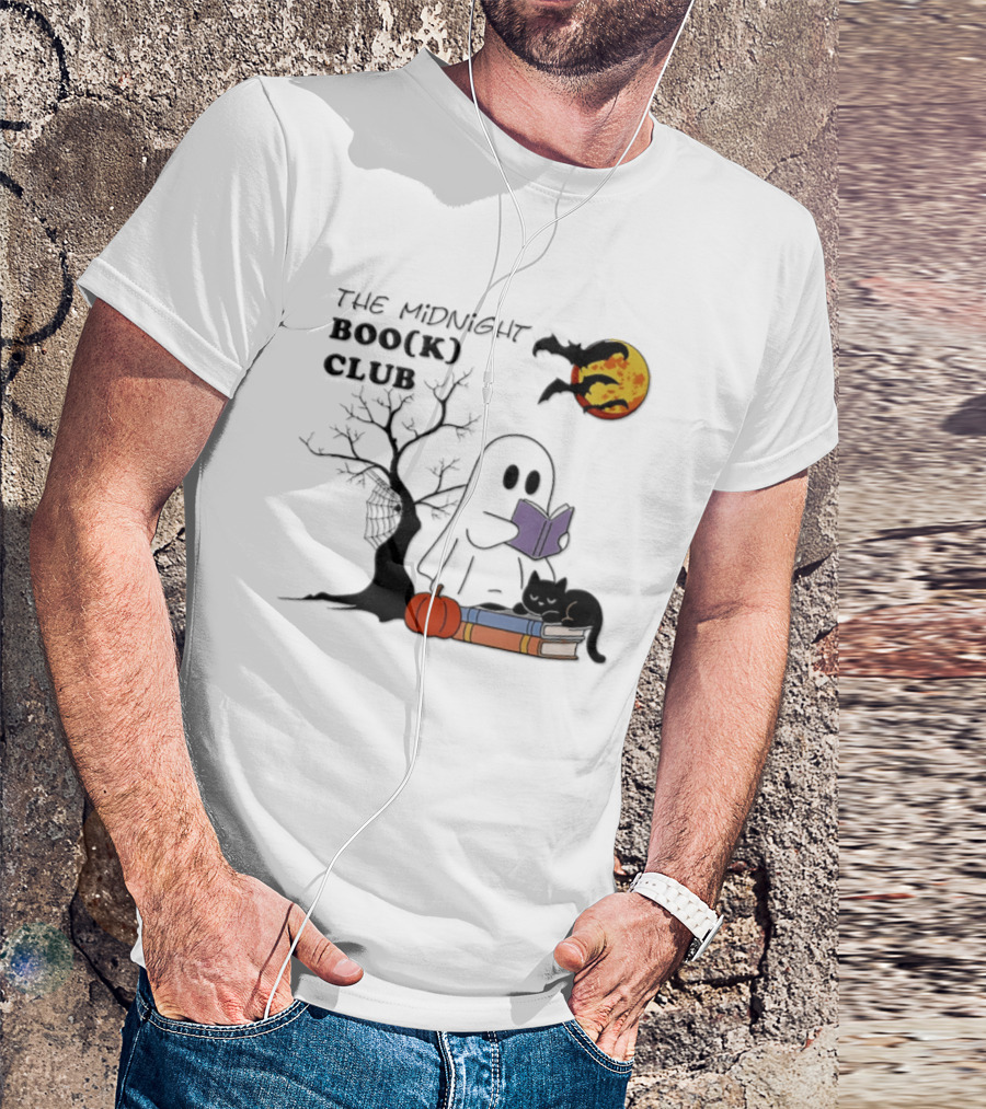 The Midnight Boo(k) Club Halloween Ghost Cat Pumpkin Moon T-Shirt