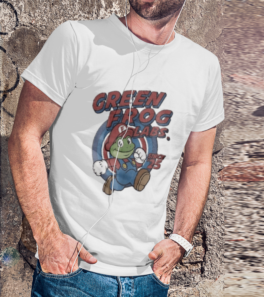 Green Frog Labs Since 25 Cartoon Running Red Cap Blue Overalls T-Shirt