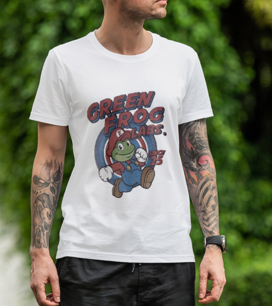 Green Frog Labs Since 25 Cartoon Running Red Cap Blue Overalls T-Shirt