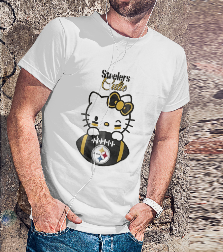 Steelers Cutie Winking Cartoon Cat Bow Football T-Shirt