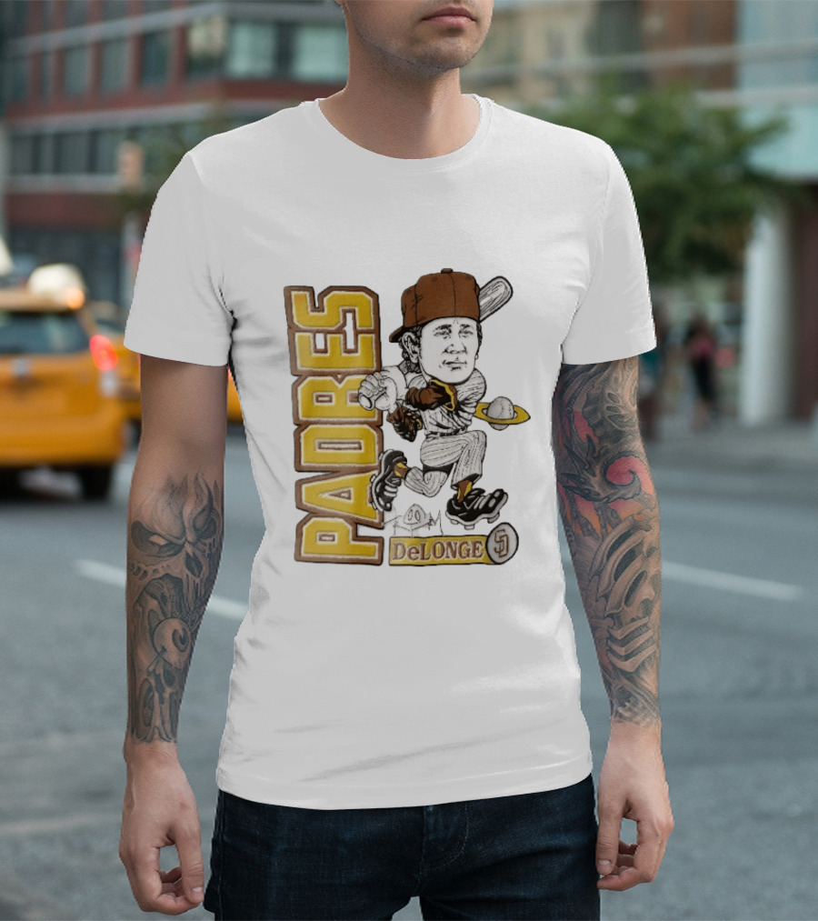 San Diego Padres DeLonge Cartoon Caricature Batter With Orbit Baseball T-Shirt