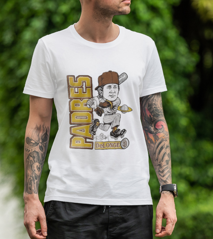San Diego Padres DeLonge Cartoon Caricature Batter With Orbit Baseball T-Shirt