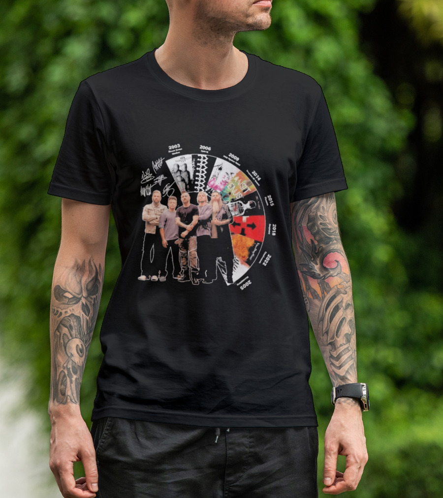 Three Days Grace Albums Timeline With Band Signatures And Discography Dates T-Shirt