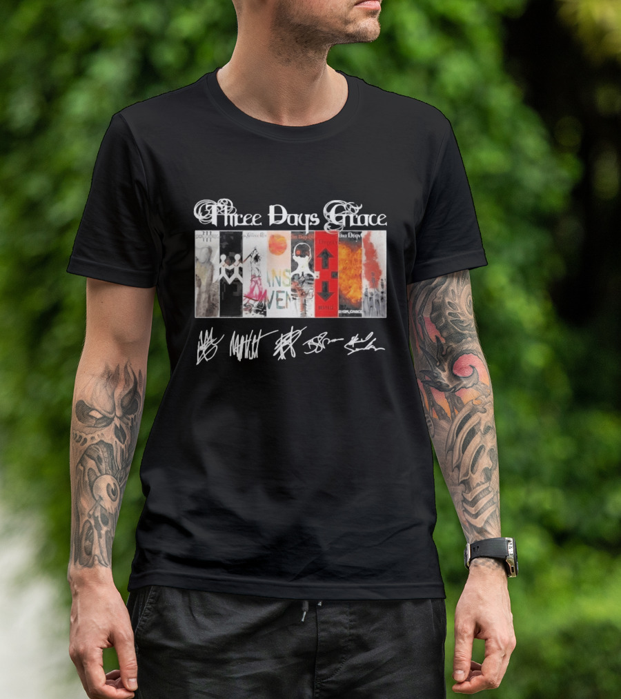 Three Days Grace All Album Covers Band Signatures T-Shirt