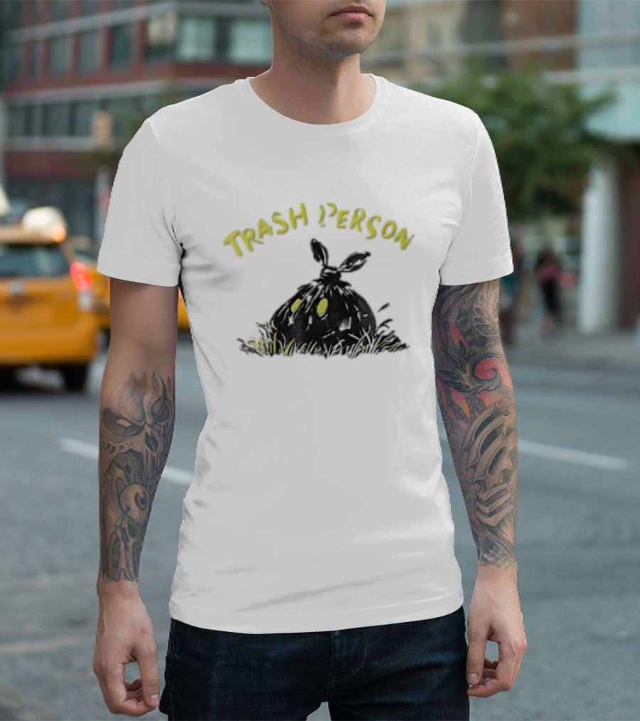Trash Person Black Bag Creature Glowing Yellow Eyes Grass Monster T-Shirt
