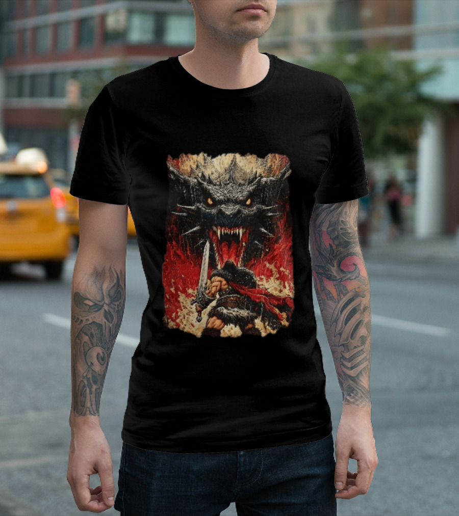Barbarian Warrior Sword Battle Roaring Dragon Fiery Flames Art Ink Line T-Shirt