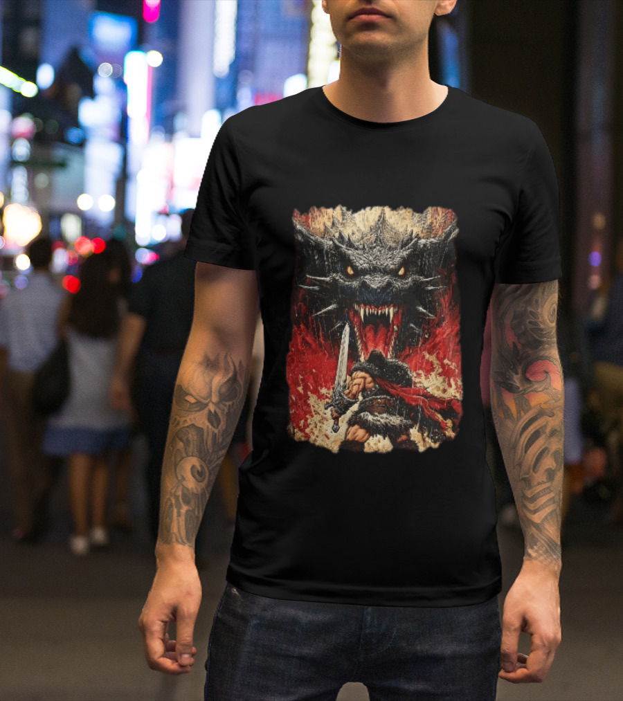 Barbarian Warrior Sword Battle Roaring Dragon Fiery Flames Art Ink Line T-Shirt