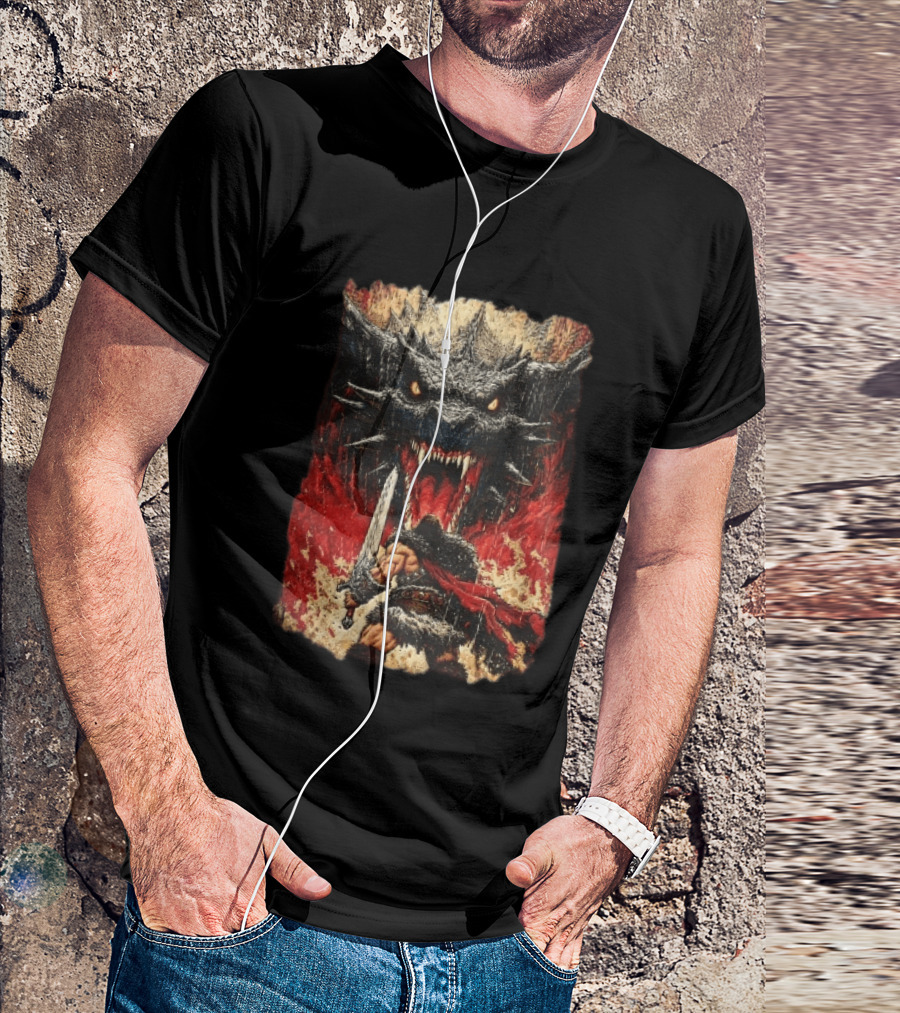 Barbarian Warrior Sword Battle Roaring Dragon Fiery Flames Art Ink Line T-Shirt