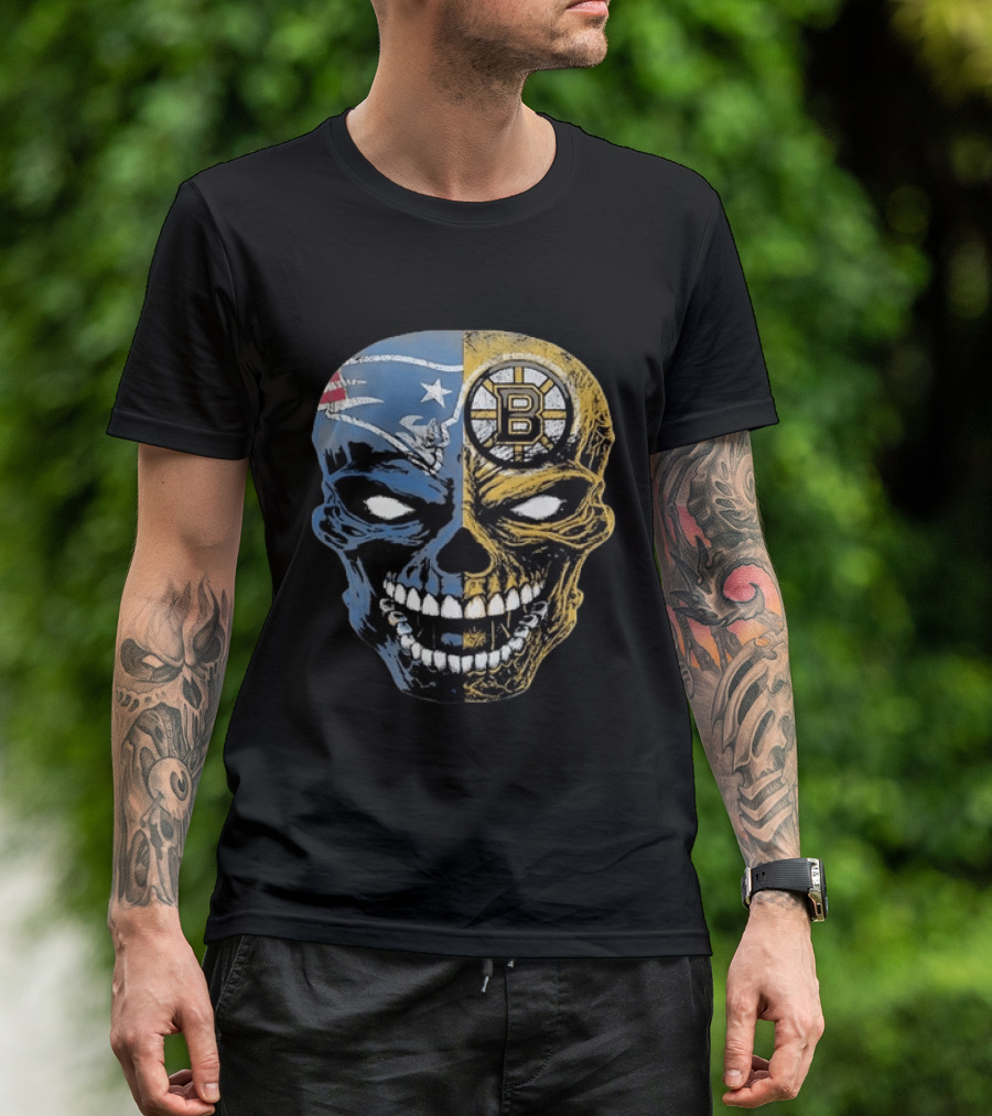Boston Sports Skull New England Patriots Boston Bruins Fan Fusion T-Shirt