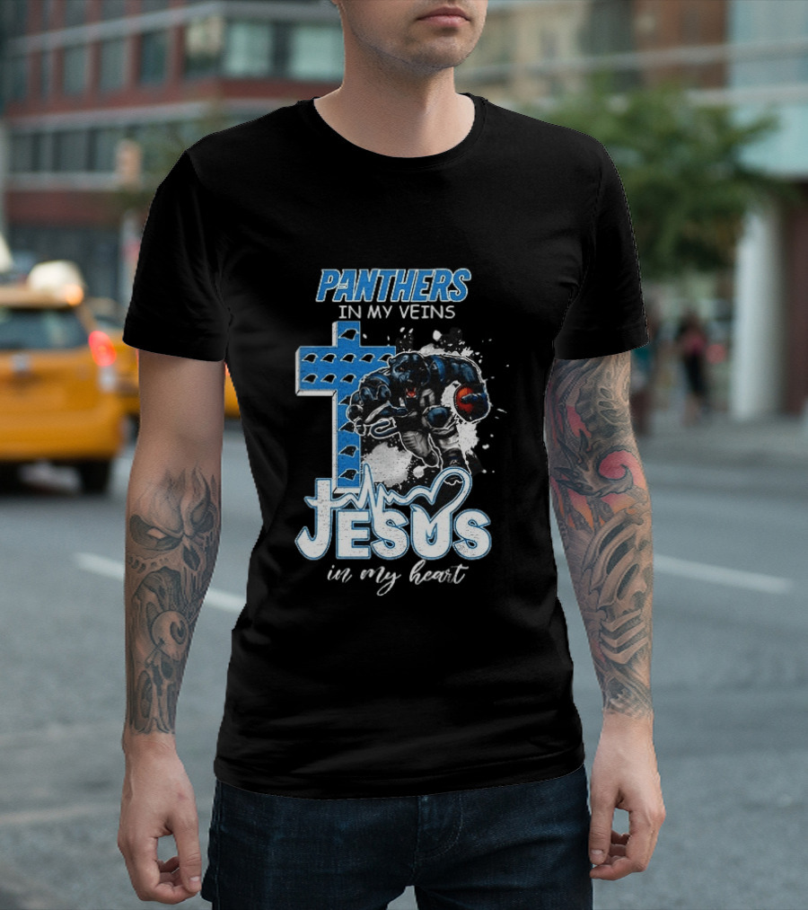 Panthers In My Veins Jesus In My Heart Carolina Football Athlete Cross T-Shirt