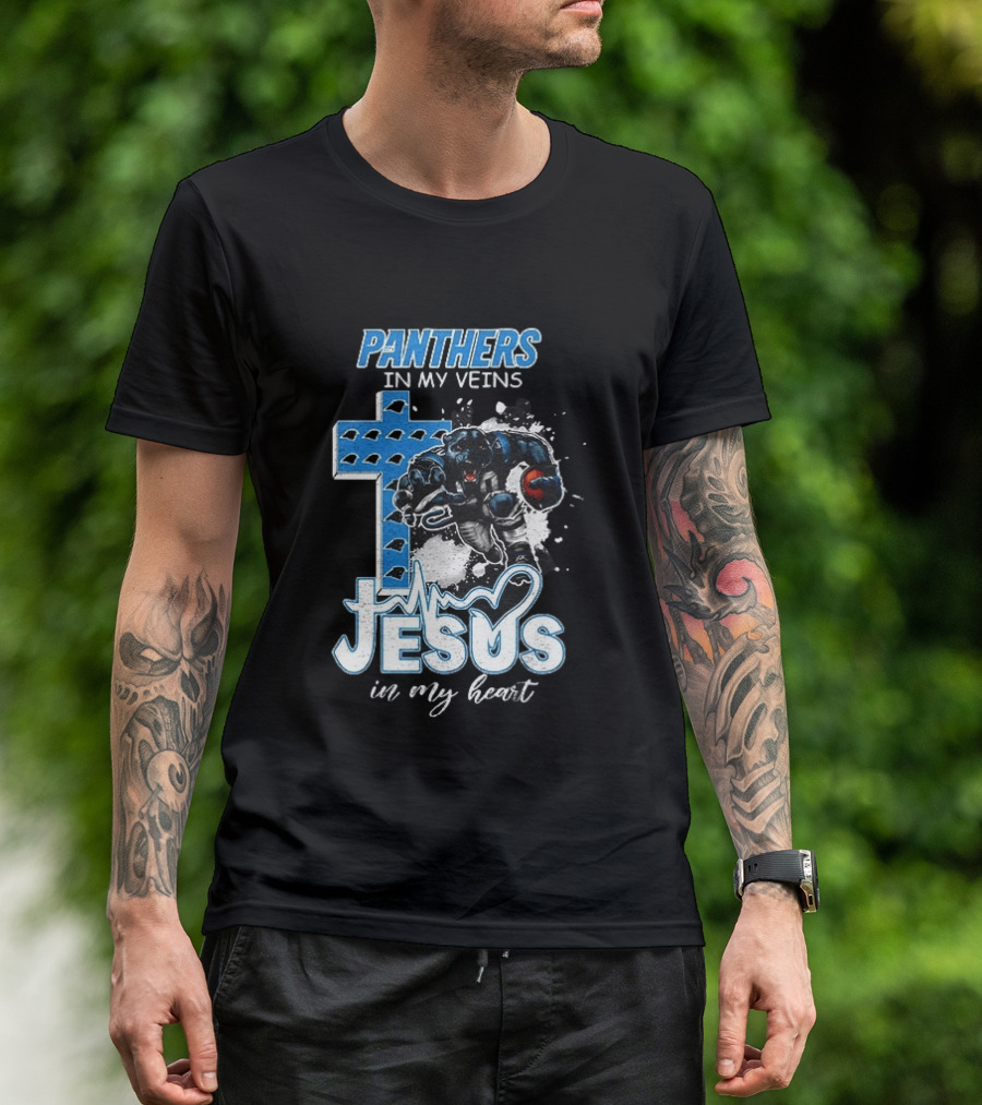 Panthers In My Veins Jesus In My Heart Carolina Football Athlete Cross T-Shirt
