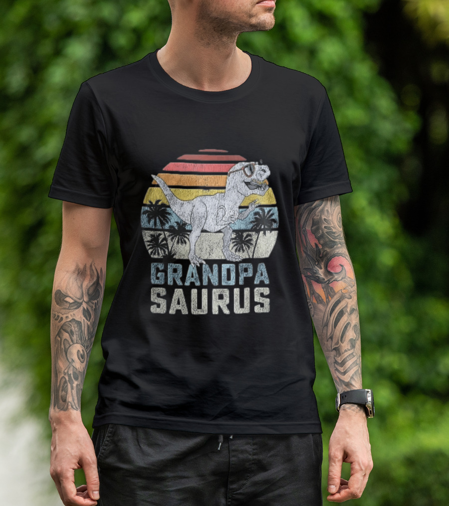 Grandpa Saurus Dinosaur Sunglasses Sunset Palms T-Shirt
