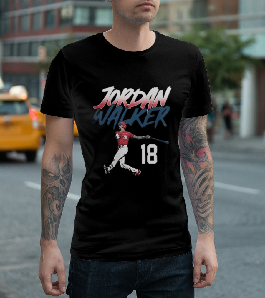 Jordan Walker 18 Baseball Red Uniform Swinging Bat Brush Lettering T-Shirt