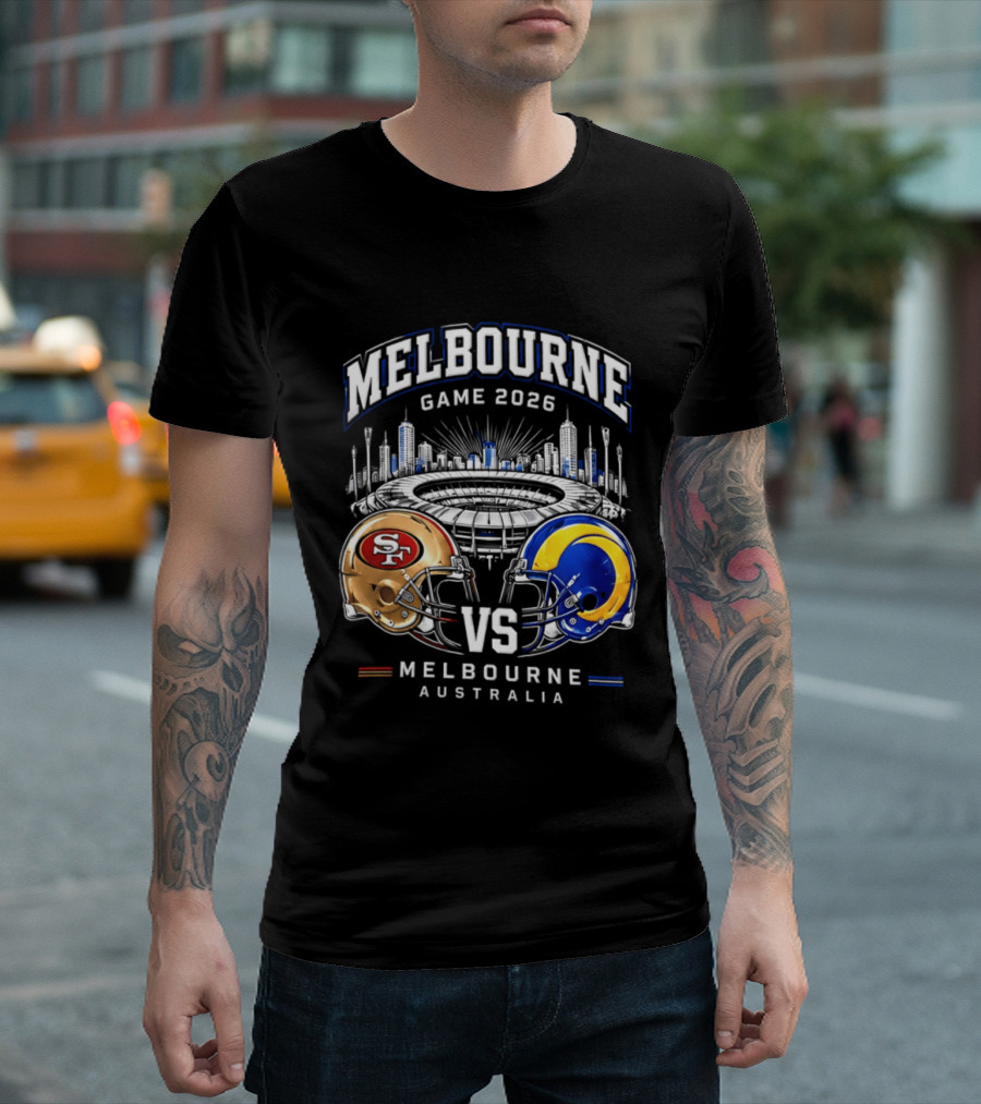 Melbourne Game 2026 San Francisco 49ers Vs Los Angeles Rams Australia Helmets T-Shirt