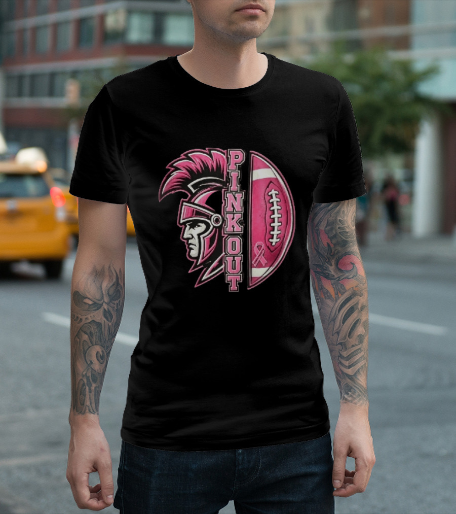 Maroa Forsyth Trojans Pink Out Football Helmet Breast Cancer Awareness Ribbon T-Shirt