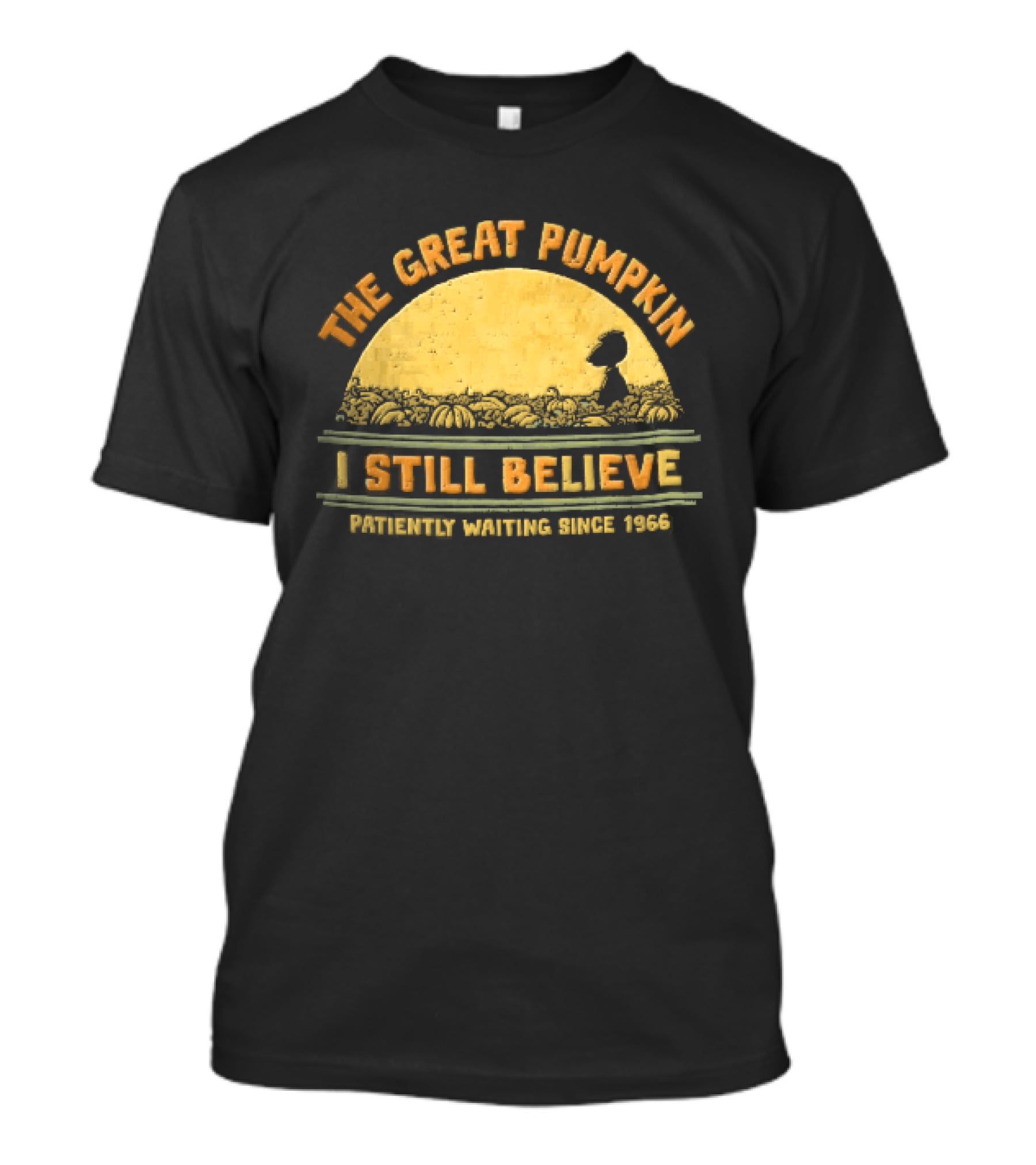 The Great Pumpkin I Still Believe Patiently Waiting Since 1966 Yellow Moon Snoopy Silhouette Distressed T-Shirt