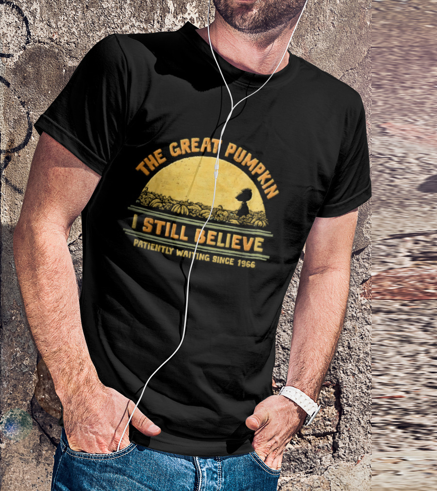 The Great Pumpkin I Still Believe Patiently Waiting Since 1966 Yellow Moon Snoopy Silhouette Distressed T-Shirt