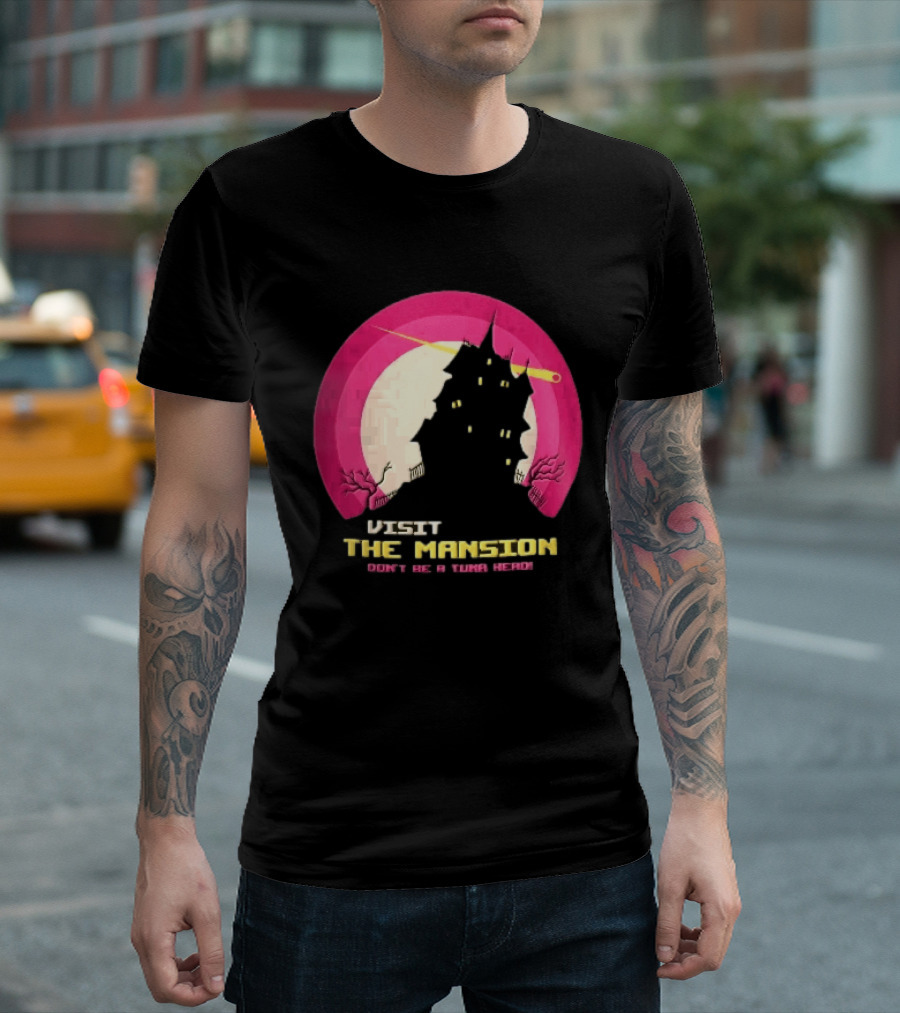 Visit The Mansion Don't Be A Tuna Head Pixel Spooky House Moon Skeleton Trees Yellow Meteor T-Shirt