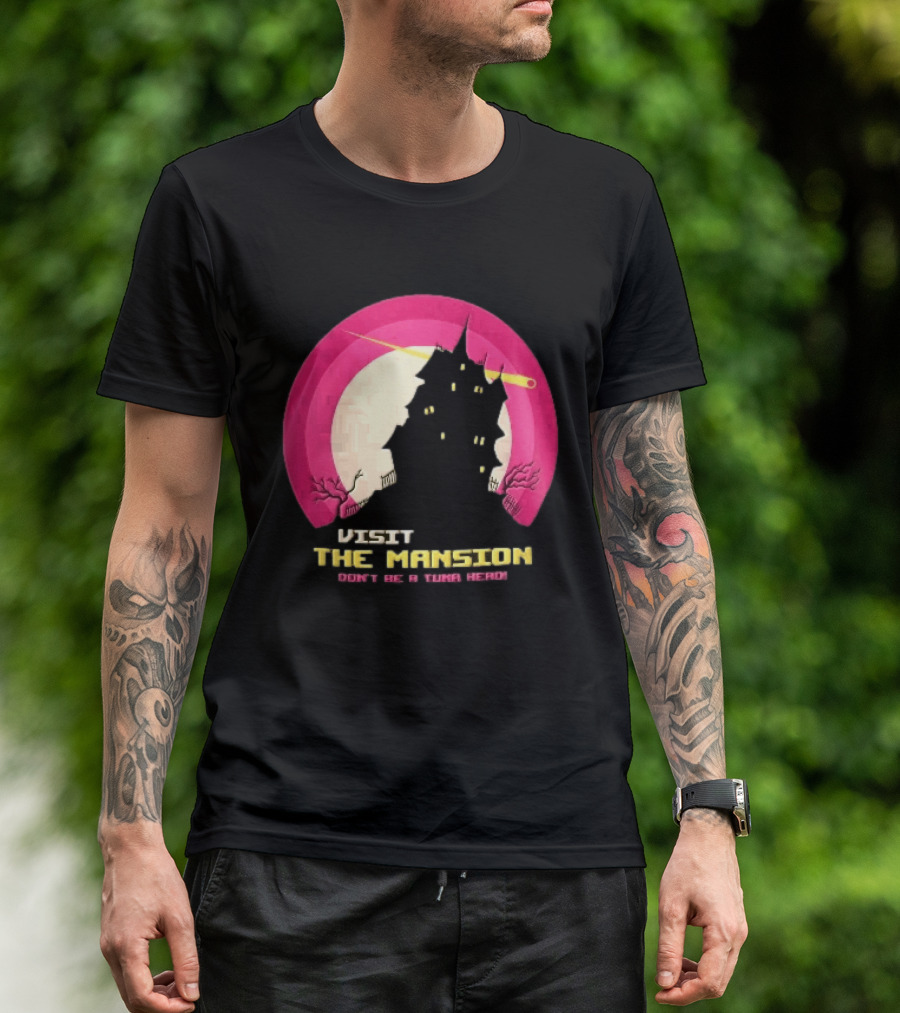 Visit The Mansion Don't Be A Tuna Head Pixel Spooky House Moon Skeleton Trees Yellow Meteor T-Shirt