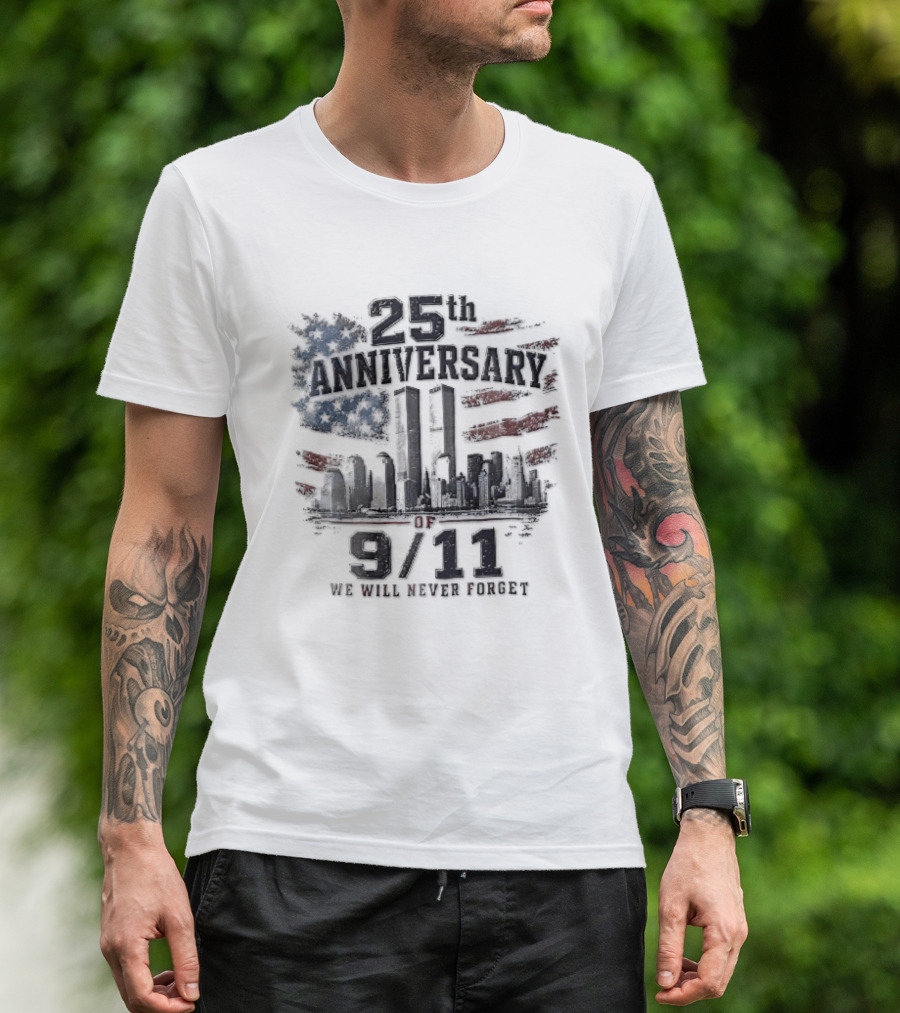 25th Anniversary 9 11 We Will Never Forget New York Skyline Twin Towers Distressed American Flag T-Shirt