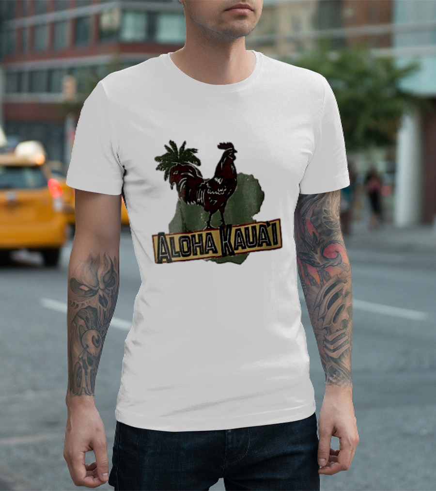 Aloha Kauai Red Rooster Palm Tree Island Map T-Shirt