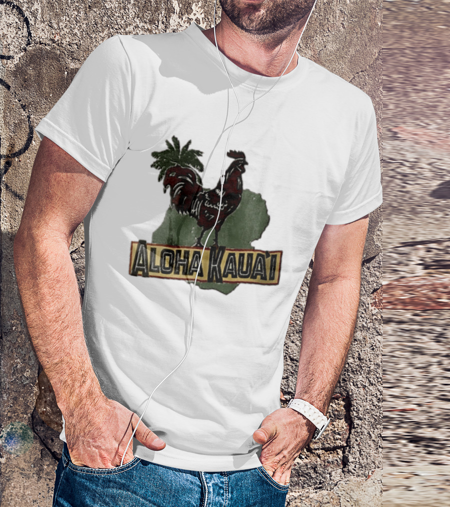 Aloha Kauai Red Rooster Palm Tree Island Map T-Shirt