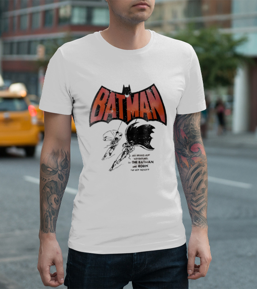 Batman All Brand New Adventures The And Robin Boy Wonder Distressed Line Swinging Capes T-Shirt