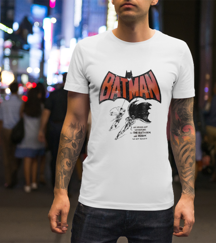 Batman All Brand New Adventures The And Robin Boy Wonder Distressed Line Swinging Capes T-Shirt