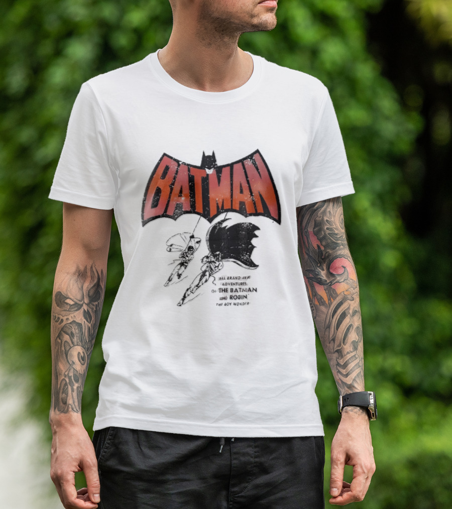 Batman All Brand New Adventures The And Robin Boy Wonder Distressed Line Swinging Capes T-Shirt
