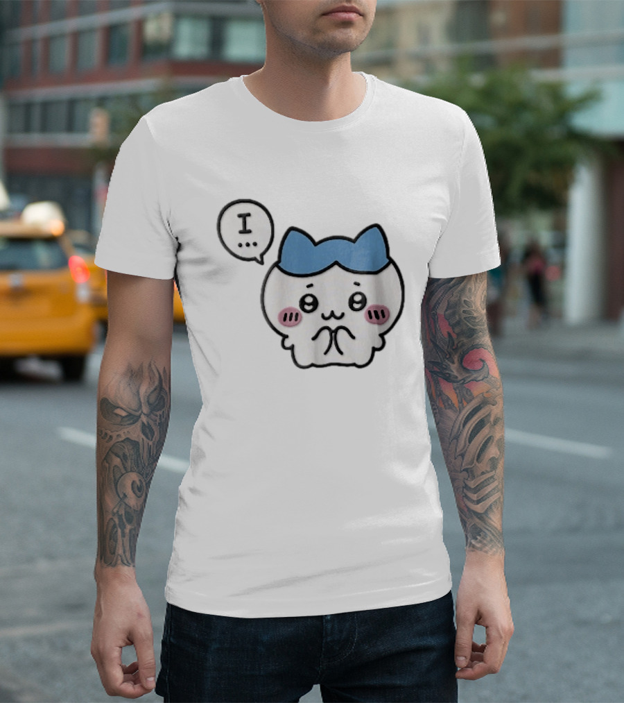 Shy White Cat With Blue Ears Blushing Expression Speech Bubble Text I T-Shirt