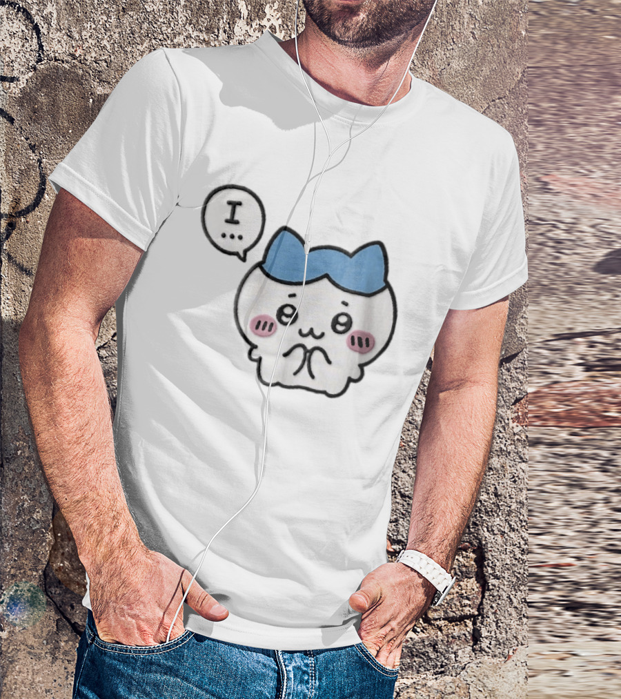 Shy White Cat With Blue Ears Blushing Expression Speech Bubble Text I T-Shirt