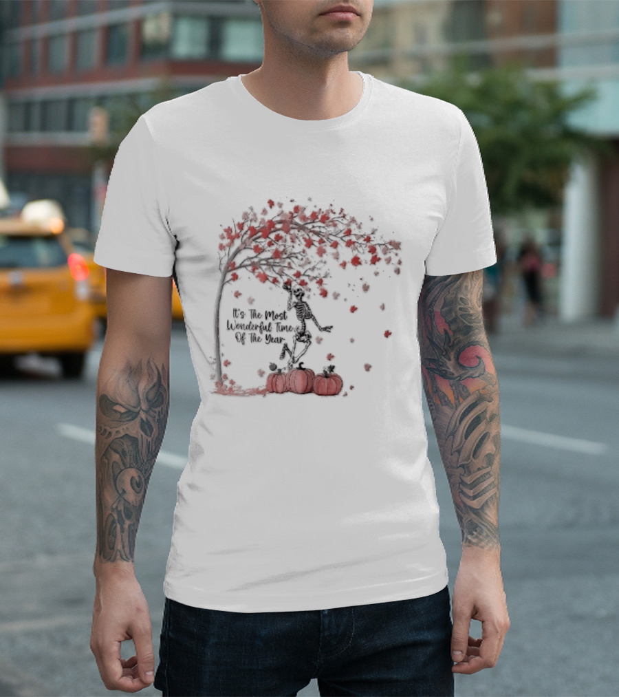 It's The Most Wonderful Time Of Year Dancing Skeleton Autumn Tree Pumpkins T-Shirt