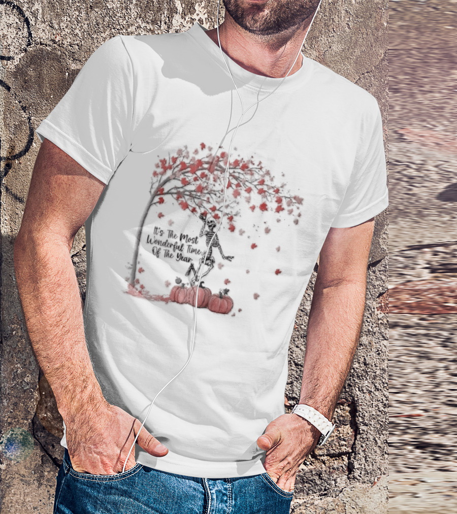 It's The Most Wonderful Time Of Year Dancing Skeleton Autumn Tree Pumpkins T-Shirt
