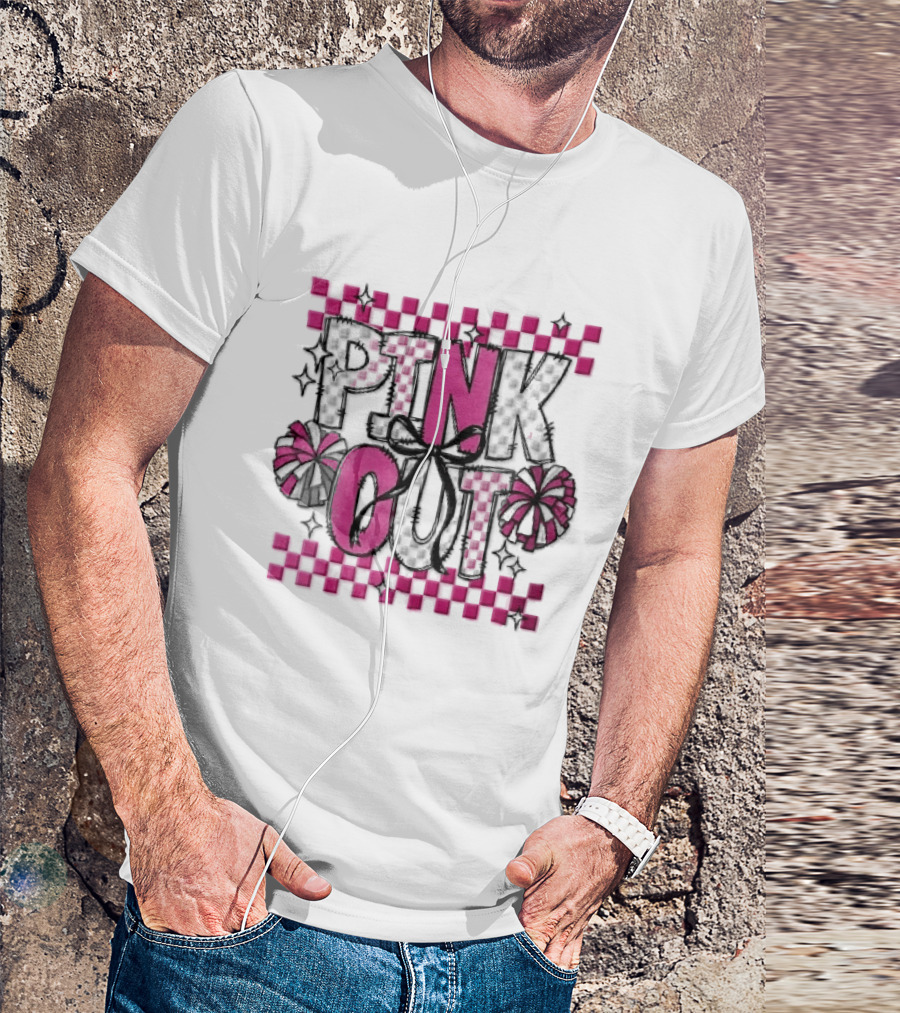 Pink Out Checkerboard Cheerleader Pom Poms Black Ribbon Bow Sparkles T-Shirt